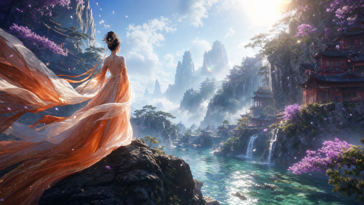 横屏16:9低角度仰拍画面，开场以橙白渐变长裙女子背影为前景，女子橙白渐变纱质长裙随风大幅飘动，裙摆垂落崖边，长发盘起，发饰细节清晰。女子立身于深色岩石崖台之上，身后是澄澈蓝天与蜿蜒溪流。中景两侧崖壁预览效果