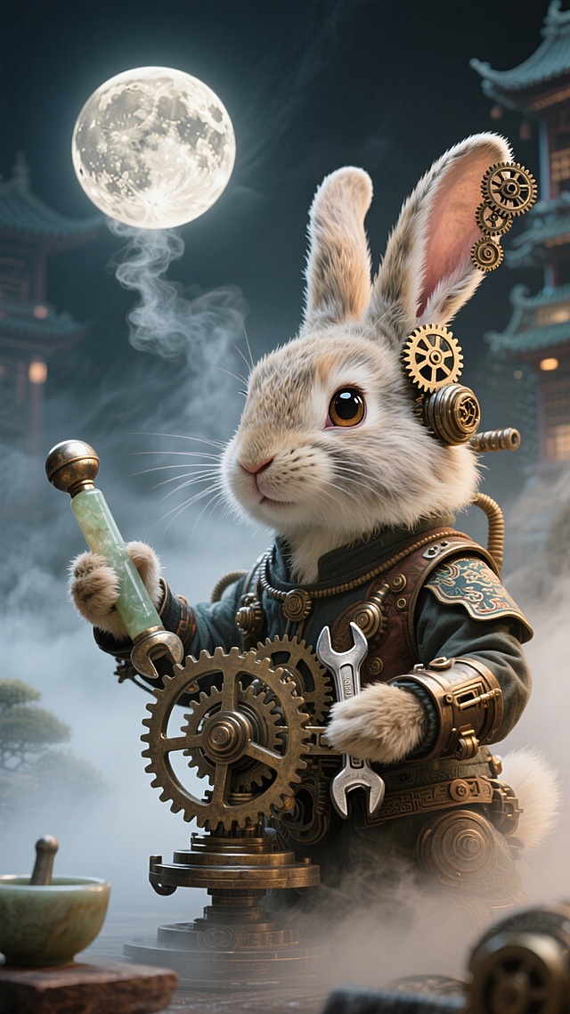 国风兔 × 蒸汽朋克：玉兔不再捣药，而是操控齿轮驱动的 “月宫机械装置”，玉杵替换为金属扳手，耳朵装饰齿轮，背景是悬浮的蒸汽月亮，适配潮玩、科技品牌。