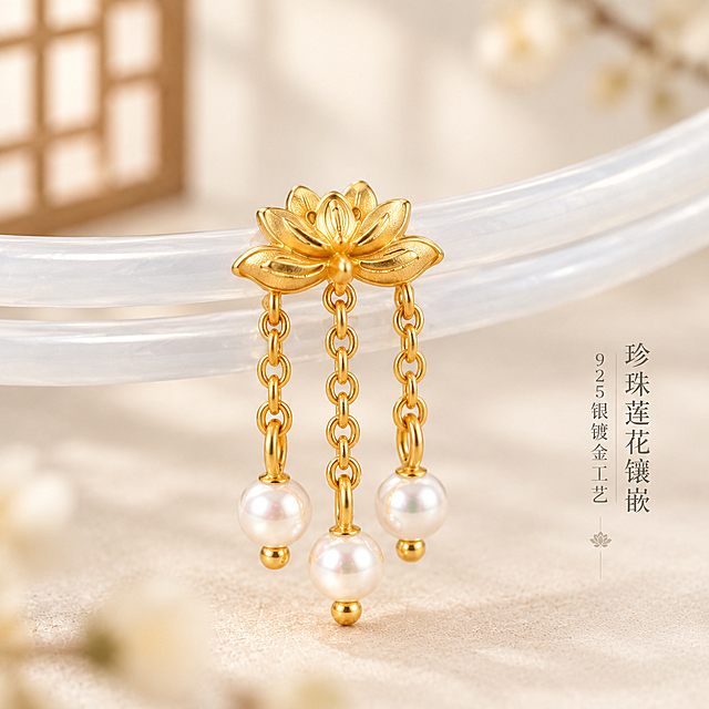 [主图-3] 莲花卡扣微距细节特写，展示925银镀金莲花卡扣与珍珠镶嵌工艺的精致细节。
[统一基调] 素雅国风视觉体系，低饱和莫兰迪色调，浅亚麻米白为主背景色，点缀浅木色与暖金色光影；标题使用纤细宋体国风字体，深墨灰色字色，副标题字号缩小60%，浅灰字色；整体留白构图，商业珠宝摄影质感，浅景深虚化背景。
[画面] 莲花卡扣微距特写，金色莲花造型卡扣位于画面正中心，占画面约35%；莲花花瓣纹理清晰立体，层层叠叠有浮雕感，金属表面有细腻磨砂与抛光对比质感；下方三根细金链垂挂三颗圆润珍珠，珍珠表面有柔和光泽与细腻皮光，金链链节清晰可见；背景为浅亚麻棉麻高度虚化呈奶油色光斑，左上角隐约有木格窗光影；极浅景深，只有莲花卡扣与珍珠主体清晰，前后景自然虚化。
[光影质感] 多灯位微距布光，顶光体现莲花立体层次，侧光勾勒金属边缘锐利线条，珍珠有经典环形高光；金色部分暖调反光自然，珍珠光泽温润内敛；整体光影精致细腻，商业珠宝微距摄影级质感，金属表面无指纹无灰尘。
[配色] 背景浅奶油米白虚化，莲花卡扣暖金色，珍珠莹白带粉调，文字深墨灰+浅灰；整体低饱和精致配色。
[文字版式] 画面右侧中部竖排或左下方横排，主文字"珍珠莲花镶嵌 925银镀金工艺"，纤细宋体中号字，深墨灰色；位于画面负空间，不遮挡莲花卡扣主体；文字周围留白充足。
[输出要求] 1:1正方形比例，2048*2048像素，莲花卡扣细节锐利清晰，珍珠质感真实，金属光泽自然，文字清晰可读；负向：金属变色发黑、珍珠失圆、花瓣变形、文字错字模糊、背景杂乱、水印、平台Logo、灰尘划痕。