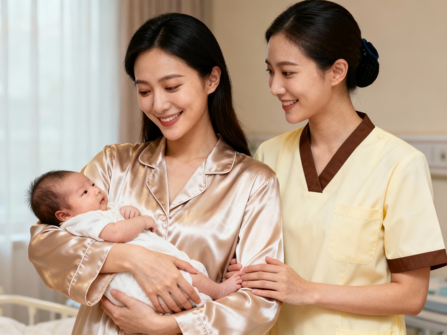 2 người phụ nữ trẻ tuổi châu Á trong căn phòng khách sạn cao cấp. Một người mẹ mặc bộ đồ ngủ bằng ch预览效果