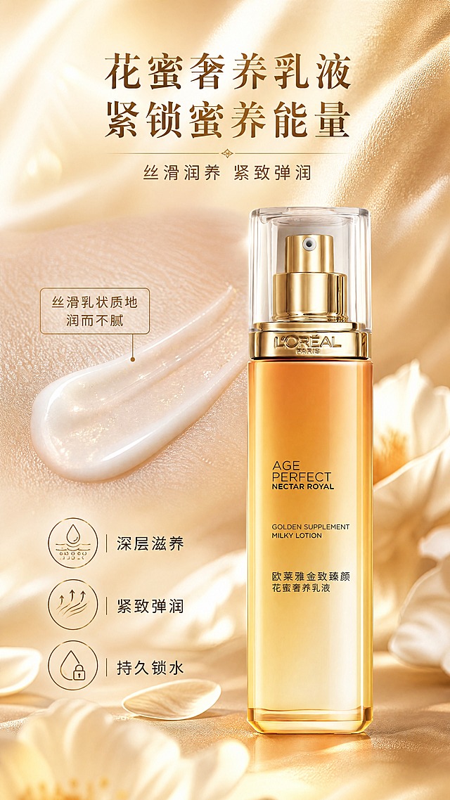 [商品] 使用【图1】左侧欧莱雅金致臻颜花蜜奢养乳液（按压泵头款）；保留瓶身琥珀金渐变、透明方盖、金色泵头、L'OREAL Logo、AGE PERFECT NECTAR ROYAL英文、中文产品名；产品真实功能方向为乳液，用于面部锁水滋养。
[画面] 目标：乳液单品深度解析，突出滋养力与紧致力。构图：产品居中偏右，占画面约45%；左侧为质地展示区，乳白色带金闪的乳液质地铺展在肌肤纹理上，带丝缎光泽；下方3个功效icon；前景柔焦花瓣，中景产品与质地，远景暖金丝缎质感背景。
[视觉] 套系策略：风格=高端奢华法式护肤商业摄影；标题字=优雅衬线粗体；正文字=现代简洁无衬线体；主色=琥珀金+暖香槟金；背景延展=基于暖金色做深浅渐变、丝缎光泽、柔焦光晕与花瓣质感；强调色=玫瑰金，仅用于小面积图标、引线和标签点缀；标题色=深金棕；正文色=暖棕灰；组件=圆角金边信息卡、细线金色引线、圆形icon；光影=左前侧暖柔光，产品带玻璃反光与底部柔和投影。
[文字] 顶部主标题「花蜜奢养乳液 紧锁蜜养能量」；副标题「丝滑润养 紧致弹润」；左侧质地旁标注「丝滑乳状质地 润而不腻」；下方3个卖点：① 深层滋养 ② 紧致弹润 ③ 持久锁水；文字区位于顶部与左侧，不遮挡瓶身主体Logo；所有文字横排。
[规格] 图片比例9:16竖版，4K分辨率，负向提示：避免变形、错字、文字过小、冷蓝背景、产品颜色改变、瓶身文字错乱、绝对化用语。