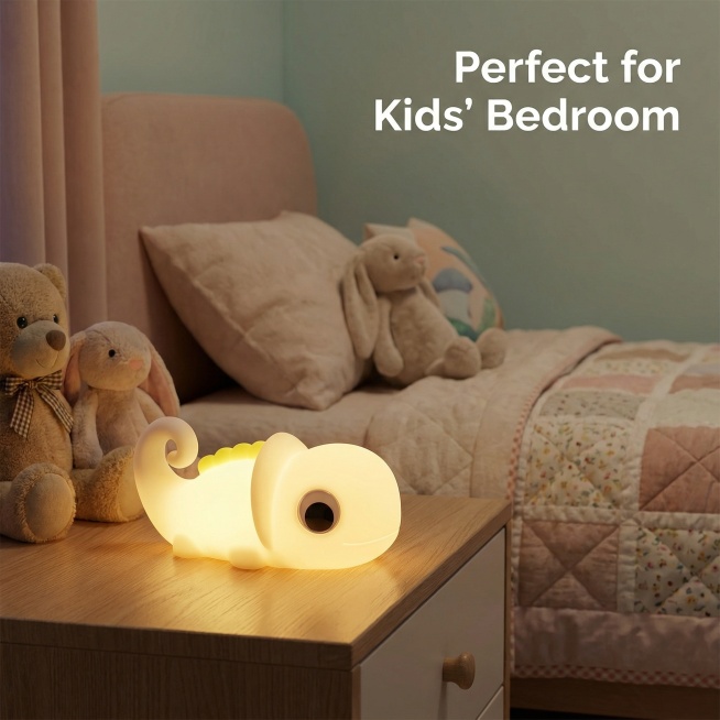 图片产品为变色龙小夜灯摆件，生成一套销售往美国的亚马逊套图，语言为英语，要求比例为1：1。产品卖点为：七彩变色，白噪音效，暖光三档调节亮度，定时关闭。预览效果