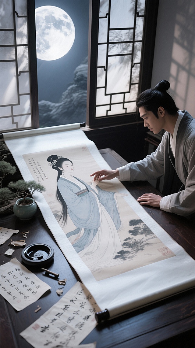 請仔細分析以下的歌詞,包含意境,意義,氛圍...等,不要遺漏任何細節,分析後,請生成切合這首歌詞意境與風格的20張分鏡圖,圖片風景美麗,山水壯麗,色彩艷麗,女的美麗可愛,男的帥氣英挺,圖片與圖片之間要求要有強烈的相關聯,且人物,環境,文化背景,風格,腳色等都要一致性,要求所有的圖片尺寸為"9:16", 電影唯美真人寫真風格,32K超高畫質,確保圖片裡不要有任何文字,也不要有血腥,戰爭,流血的任何畫面,畫面要求有張力,能觸動人心,引發共鳴,大師史詩級作品 :

"
[Verse]
水墨丹青勾勒你的眉眼
青衣長衫掩不住你風華
執筆為你寫下千言萬語
落款處是我深情的名字啊
你轉身的瞬間衣袂飄飄
像畫中仙子下凡塵世
我願做那支畫筆
將你永遠留在畫卷裡

[Pre-Chorus]
一筆一畫都是思念
墨色深淺訴衷腸

[Chorus]
墨染青衣畫中人
這相思入骨三分
就算時光匆匆流逝去
就算容顏會老去
這幅畫裡你永遠年輕
是我心中最美風景
"