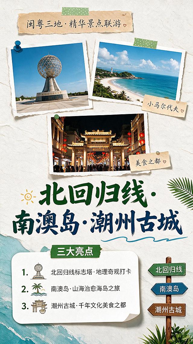 保持参考图的手账拼贴风格、撕纸效果、胶带图钉装饰、配色体系和整体视觉语言，生成一张竖版景点介绍海报，主题为三个景点串联：中国北回归线标志、"小马尔代夫"南澳岛、美食之都潮州古城。画面顶部用同款牛皮纸撕边便签贴纸（绿色波点胶带固定）标注"闽粤三地·精华景点联游"，配小爱心装饰。主视觉区域采用三张实景照片拼贴布局（带撕纸毛边效果，用蓝色图钉和绿色胶带固定）：左上是中国北回归线标志塔建筑，右上是南澳岛碧海蓝天的海岛风光（配"小马尔代夫"便签贴纸），下方是潮州古城牌坊街夜景（配"美食之都"便签贴纸）。画面中部用同款毛笔书法大字写"北回归线·南澳岛·潮州古城"，绿色和蓝色搭配，配小太阳、波浪线、棕榈叶等装饰元素。下方用白色圆角卡片（带阴影和撕纸效果），顶部绿色标签写"三大亮点"，内部分三点配手绘图标：1.北回归线标志塔·地理奇观打卡 2.南澳岛·山海治愈海岛之旅 3.潮州古城·千年文化美食之都。右下角保留同款木质路牌指示牌元素，分别指向"北回归线""南澳岛""潮州古城"三个方向。整体风格与参考图完全一致：手绘手账风、拼贴感、清新蓝绿配色、胶带图钉便签装饰元素。画面中所有文字必须清晰可读，数字精确渲染。