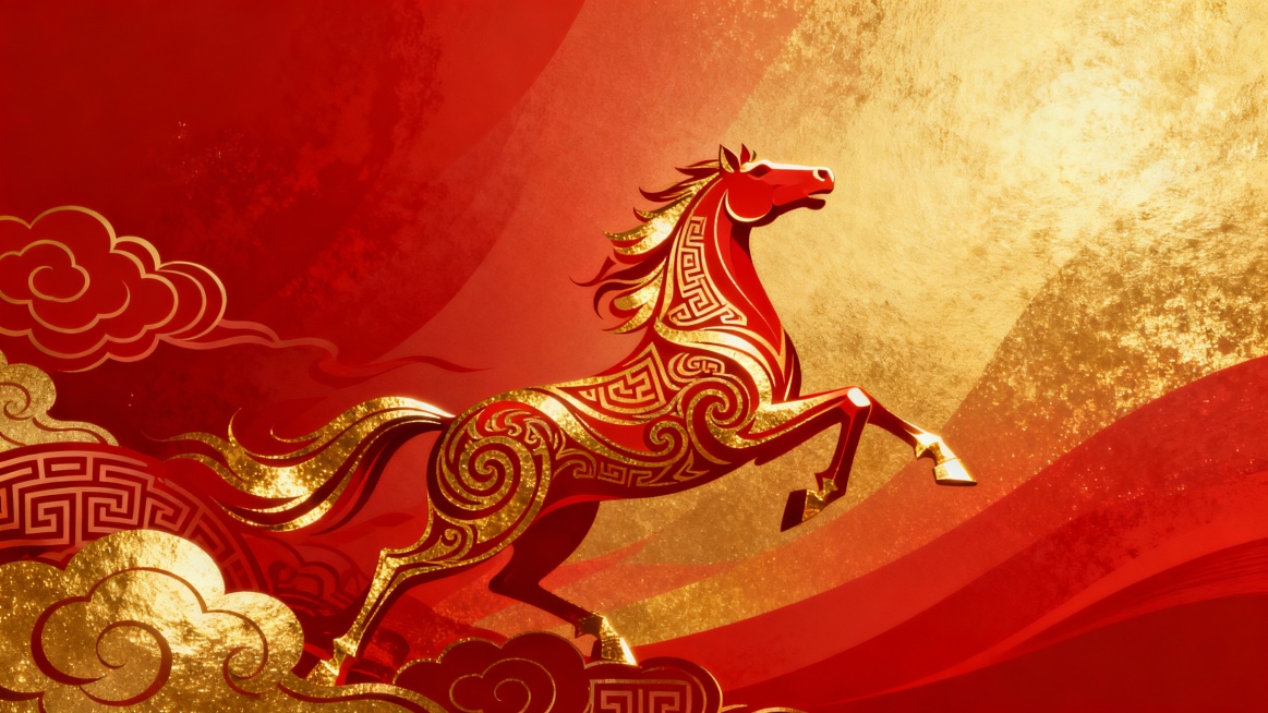 主画面为一抽象的马，形态结合中国传统文化。背景红色至鎏金渐变。整体彰显企业在马年腾飞的寓意。预览效果