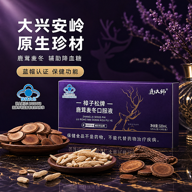 [主图-2] 核心卖点与原料溯源，展示大兴安岭原生珍材，鹿茸麦冬辅助降血糖，蓝帽认证保健功能。
[统一基调] 深紫色高端奢华背景，深紫色渐变背景带柔和光束，深紫色大理石台面带金色纹理，紫色花卉植物点缀，整体暗调高级感，商业摄影质感，产品为鹿大师樟子松牌鹿茸麦冬口服液紫色礼盒。
[画面] 产品紫色礼盒放置在画面中下位置，礼盒前方摆放真实中药材原料：鹿茸片、麦冬等珍贵药材，用古朴木盘盛装，散落一些药材在大理石台面上，礼盒左上方有蓝帽认证标识清晰可见，背景有虚化的紫色花枝和鹿的剪影轮廓，营造原生珍材的自然珍贵感，产品占画面约40%，原料与产品呼应。
[光影质感] 商业摄影质感，左上侧柔和光束打亮产品和原料，形成自然明暗对比，大理石台面有清晰倒影，玻璃质感通透，礼盒表面有细腻光泽。
[配色] 深紫色主背景，金色点缀，紫色花卉，棕色药材，整体色调统一为深紫高端色系。
[文字版式] 画面左上方大字主标题："大兴安岭 原生珍材"，白色粗黑体，字号大；下方辅助文案："鹿茸麦冬 辅助降血糖"，白色细黑体，字号缩小50%；再下方金色圆角矩形按钮内文字："蓝帽认证 保健功能"，深紫色字体；文字不遮挡产品主体，放在负空间。
[输出要求] 800x800像素，1:1比例，文字清晰可读，产品清晰完整，负向：变形、错字、模糊、杂乱、水印、平台Logo、医疗功效宣传、疾病治疗声称。