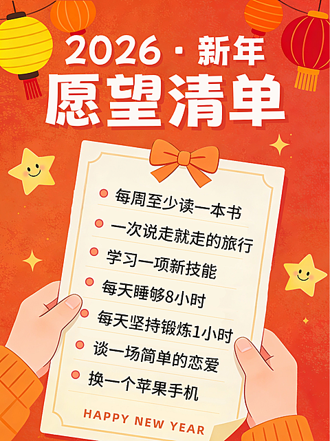 橙色手绘插画新年心愿清单2026春节FLAG跨年节日祝福小红书封面