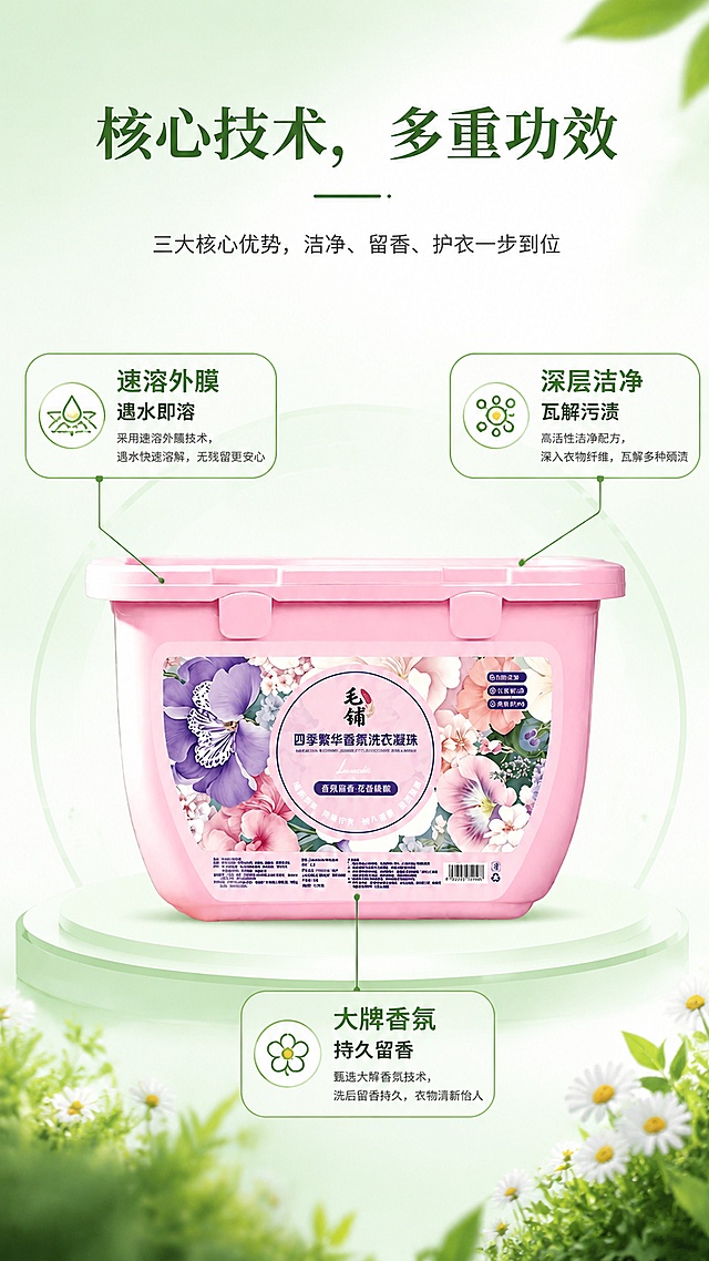「图片1」，生成详情页，商品名称为洗衣凝珠，适配淘宝/天猫平台，单图比例为9:16，需求屏数为8张。
