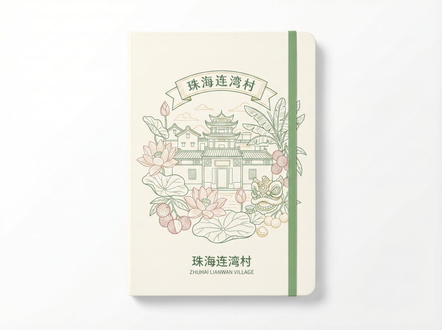夏季主题笔记本封面设计，和参考图版式一致，纯白背景只展示笔记本，融合珠海连湾村特色建筑、夏季农产品和醒狮元素，搭配夏季绿植花卉，同风格精致线稿手绘国潮，米白色笔记本封面，绿色绑带，带有珠海连湾村主题文预览效果