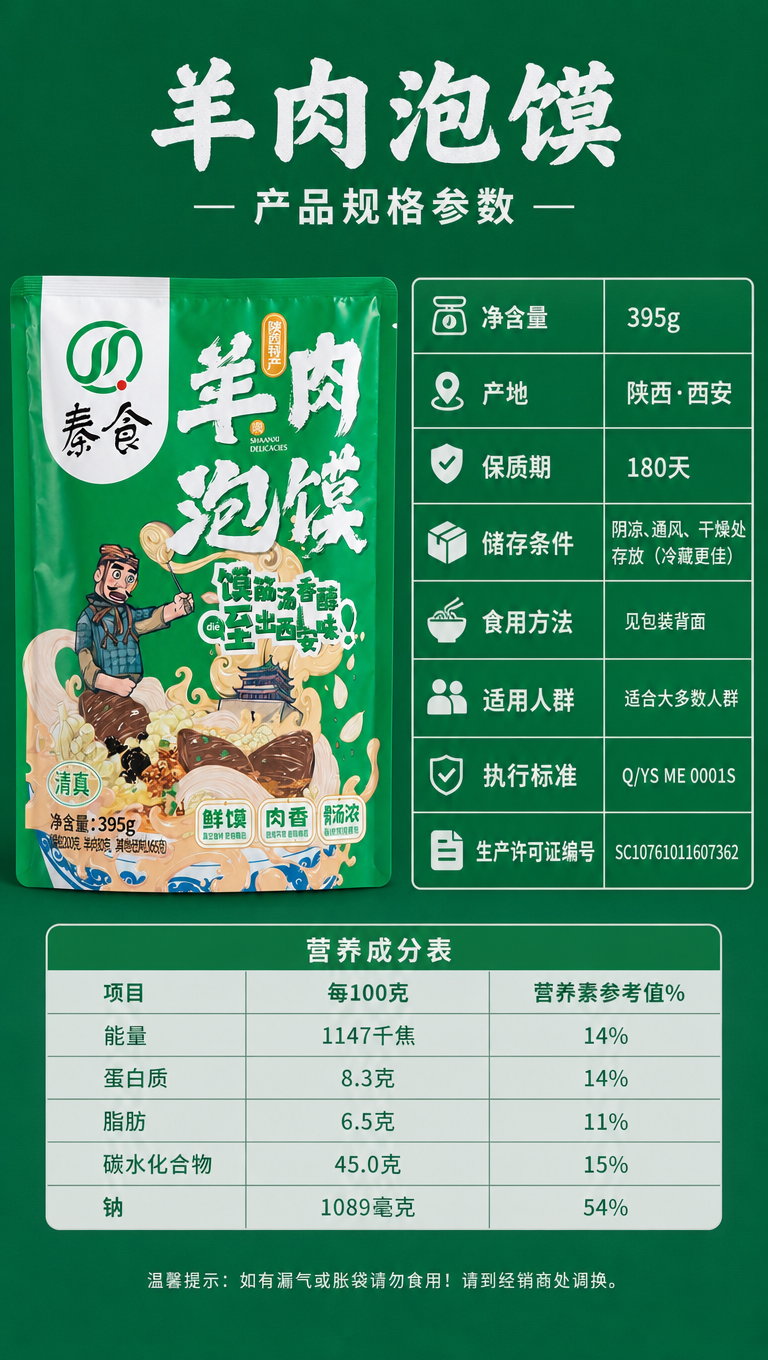羊肉泡馍规格参数页，9:16竖版。左边放绿色包装袋，右边是产品… - 图片创意预览