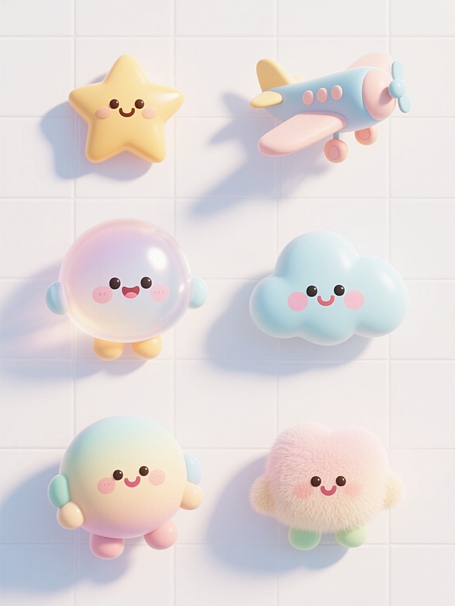 3D卡通风格，六个不同样式的可爱元素（如星星、飞机、云朵等），每个元素具有不同材质质感（如光滑塑料、半透明磨砂、柔和绒毛等），统一采用明亮欢快的马卡龙色系，整体造型圆润饱满，带有夸张的卡通表情和动态，光线为柔和的顶部光源，阴影清晰柔和，物体边缘光滑无棱角，白色纯净背景，所有元素呈整齐的网格状排列，保持一致的视觉大小和间距，营造出童趣、活泼、治愈的氛围，细节丰富且充满可爱的设计感。