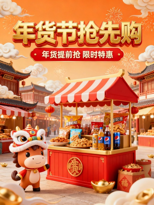 2026 马年年货节抢先购促销海报，以暖橙、正红与鎏金为主色调，营造热烈喜庆的囤货氛围。背景为新中式集市建筑与祥云、烟花元素，增强年节氛围感。顶部用鎏金立体字呈现 “年货节抢先购”，辅以 “年货提前抢预览效果