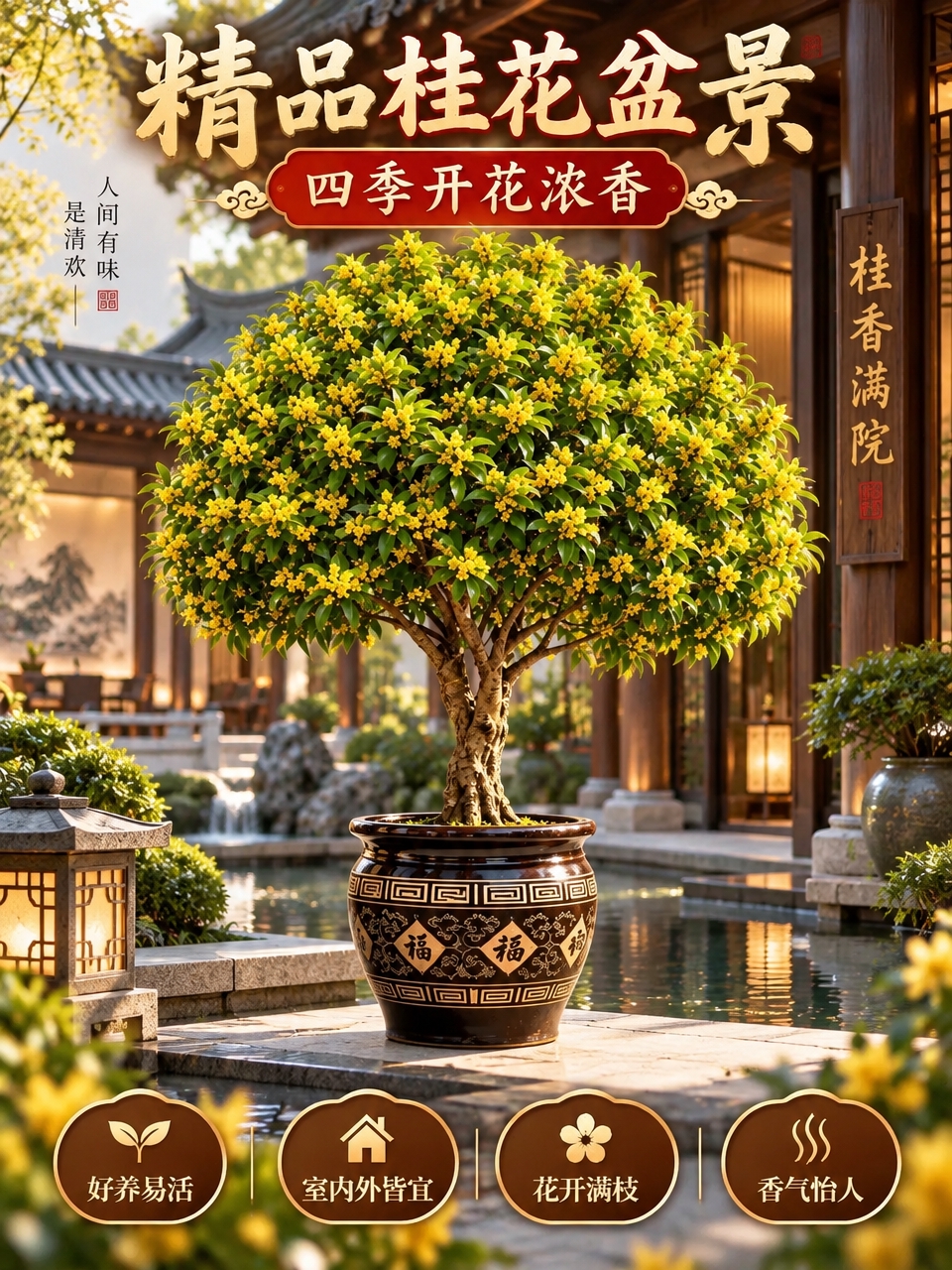 参考图2的高端中式商务场景风格，为图1的桂花盆景生成一张带卖点… - 图片创意预览
