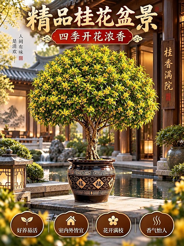 参考图2的高端中式商务场景风格，为图1的桂花盆景生成一张带卖点的场景主图。画面主体是一盆开满金黄色桂花的精品桂花盆景，放置在中式高端庭院/酒店大堂场景中，背景有中式建筑、水景、雅致园林元素，光影柔和温暖，氛围高端大气。顶部有大字标题"精品桂花盆景"，副标题"四季开花浓香"，底部有四个卖点图标分别标注"好养易活""室内外皆宜""花开满枝""香气怡人"，整体构图参考图2的版式风格，保留桂花盆景的主体形态，场景换成更精致的中式庭院氛围，文字清晰醒目，商业电商主图质感