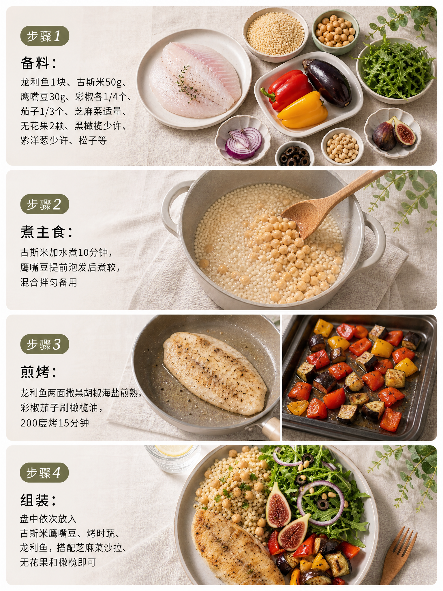制作一张地中海风味龙利鱼古斯米减脂餐的制作步骤图，竖版3:4比… - 图片创意预览