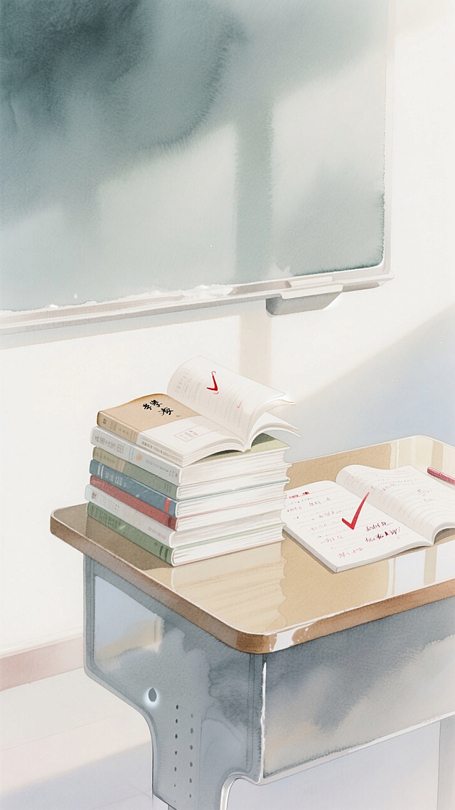 水彩风插画，清新文艺的书桌场景，阳光透过窗户洒在堆叠的书籍上，营造宁静学习氛围。