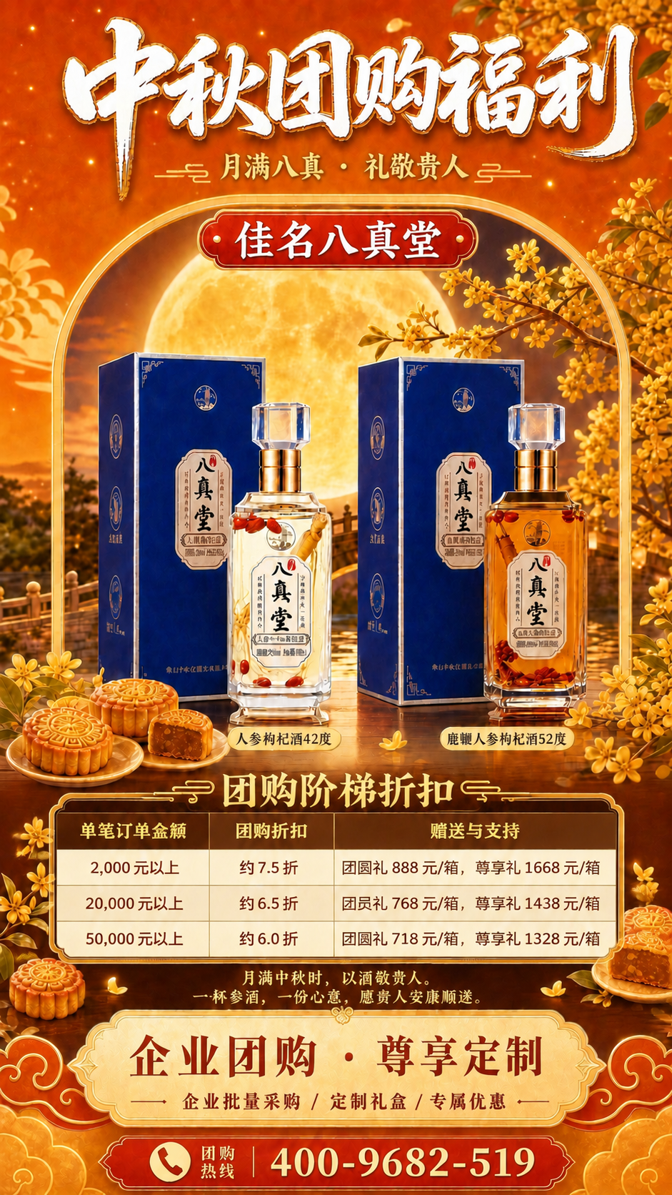 基于图1的中秋团购福利海报，将中间的团购阶梯折扣表替换为图2的… - 图片创意预览