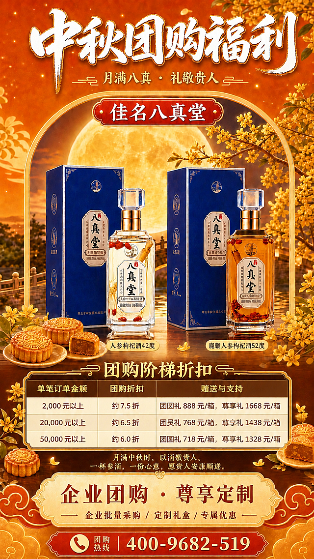 基于图1的中秋团购福利海报，将中间的团购阶梯折扣表替换为图2的三列表格内容，保持中秋红金风格，打印精度高清。

新表格内容（三列）：
表头：单笔订单金额 | 团购折扣 | 赠送与支持
第一行：2,000元以上 | 约7.5折 | 团圆礼 888元/箱，尊享礼 1668元/箱
第二行：20,000元以上 | 约6.5折 | 团员礼 768元/箱，尊享礼 1438元/箱
第三行：50,000元以上 | 约6.0折 | 团圆礼 718元/箱，尊享礼 1328元/箱

表格设计：深棕色表头配金色文字，表格内容米白色底配深棕色文字，金色细边框，三列宽度均衡，文字清晰锐利，数字精确。表格宽度适当加宽以容纳三列内容。

保留海报其余全部元素：顶部“中秋团购福利”标题、“月满八真·礼敬贵人”副标题、“佳名八真堂”标签、两瓶酒+礼盒、圆月桂花月饼背景、底部“月满中秋时...”文案、“企业团购·尊享定制”与团购热线400-9682-519。

整体2K高清打印精度，中秋氛围浓厚，数据清晰准确。