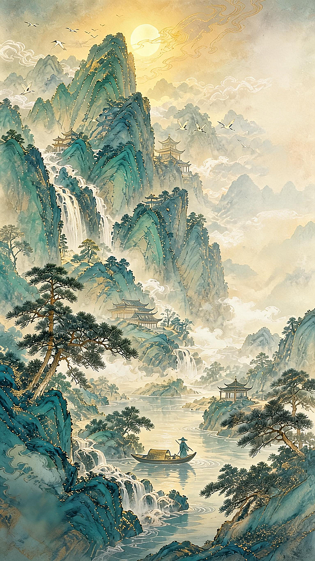 国风新中式青绿山水主题海报，竖版9:16构图。画面主体为青绿设色的崇山峻岭，山间飞瀑流泉，云雾缥缈，一叶扁舟泛于江上，意境空灵。采用青绿山水技法，石青石绿为主色调，辅以赭石与留白，典雅华贵。画面右侧竖排主标题"山水有清音"，瘦金体书法，墨色与青绿呼应。标题下方有小字副标题"静观天地 · 心归自然"。左下角有圆形印章装饰"意境东方"。整体构图采用散点透视，远山层叠、中景楼阁隐现、近景松石流水，层次丰富。晨光从山后洒出，金色光晕与青绿山水交相辉映，仙气缭绕。版式精美，文字与画面融为一体，留白得当。画面中所有信息区域填充完整合理内容，无空白占位。画面中所有二维码区域使用纯色方块占位符呈现，方块中央标注"二维码占位"文字，严禁生成任何可识别的二维码图案。超高清画质，2K分辨率，工笔细腻。