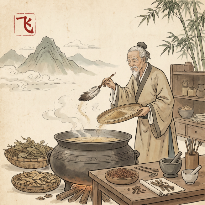 正方形插图，展示中药炮制方法飞，传统工艺，简洁国风背景，左上角标注文字"飞"预览效果
