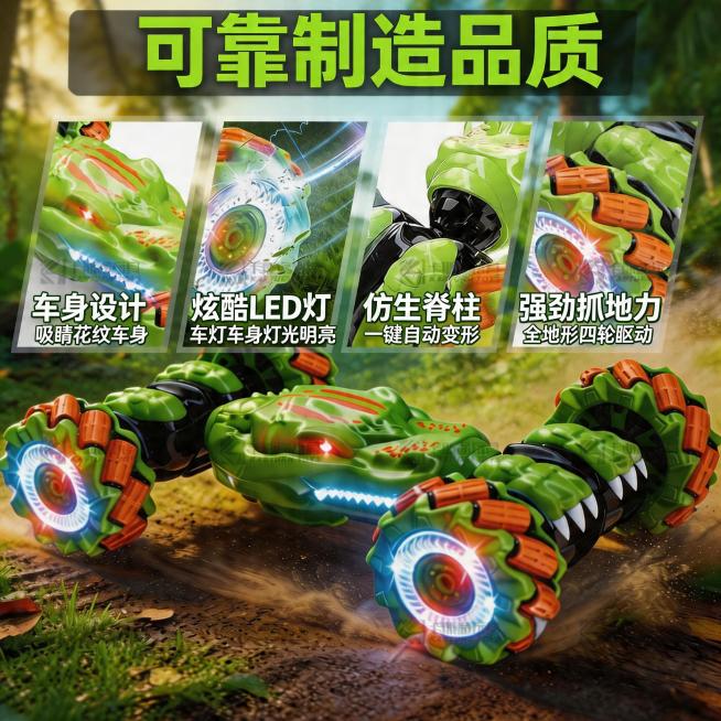 将图中所有英文替换为中文翻译：顶部标题“可靠制造品质”，四个分栏分别为：1.车身设计 吸睛花纹车身；2.炫酷LED灯 车灯车身灯光明亮；3.仿生脊柱 一键自动变形；4.强劲抓地力 全地形四轮驱动。去除预览效果