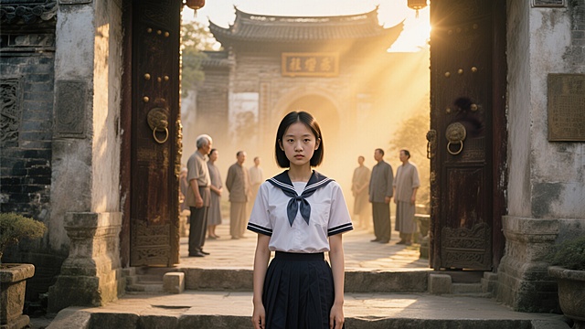 一位18岁的中国少女，身着校服，站在古老宏大的家族大宅门口，眼神沉稳老练如历经风霜的长者，背景是傍晚金色光芒照耀，家族成员虚化在身后，史诗电影感构图，超写实风格