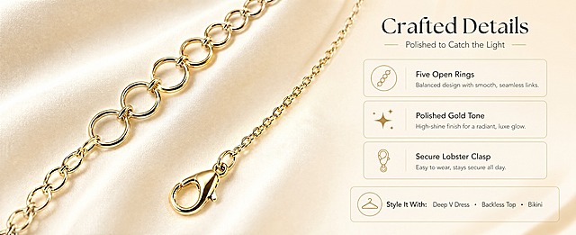 [商品] 使用【图3】金色Y型身体链/胸链局部特写；保留五枚空心圆环、细密O型链、龙虾扣、延长链、抛光亮金色泽与金属高光；微距角度真实，不改变结构、颜色和比例。
[画面] 细节质感与搭配收尾页：左侧大面积微距特写（圆环与链条抛光质感、柔和反光），右侧上下堆叠的浅金描边信息卡（卡内文字横向），放细节卖点与搭配建议；背景暖米白丝绸质感，产品占画面约65%，金属高光细腻。
[视觉] 套系策略：风格=跨境高级极简珠宝商业摄影；标题字=优雅现代衬线体；正文字=简洁无衬线体；主色=暖米白；背景延展=暖米白至浅香槟金渐变、细腻大理石与丝绸质感；强调色=香槟金，仅用于小面积图标、引线和标签；标题色=深暖黑；正文色=暖灰；组件=细金线引线、浅金描边信息卡、圆点标签；光影=柔和顶侧光、细腻金属高光。
[文字] 标题"Crafted Details"、副标题"Polished to Catch the Light"；信息点"Five Open Rings"、"Polished Gold Tone"、"Secure Lobster Clasp"；搭配建议"Style It With: Deep V Dress · Backless Top · Bikini"，全部横向排版，文字不遮挡圆环与链条。
[规格] 61:25横版，4K，避免变形、错字、竖排文字、亚洲面孔、冷蓝/蓝灰背景、链条结构改变、多余零件、水印。