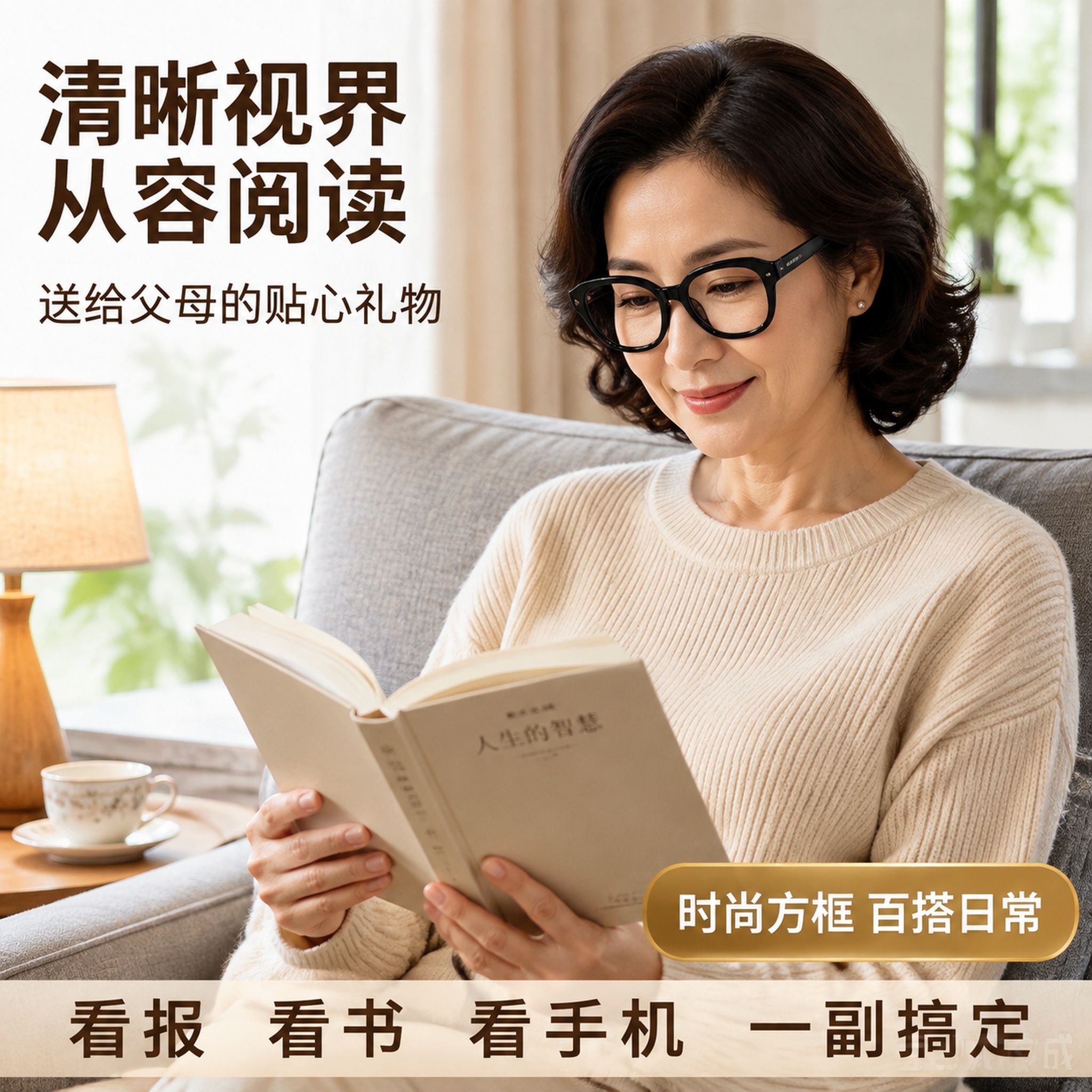 [主图-4] 方框老花镜真实使用场景图，中老年阅读生活方式。… - 图片创意预览