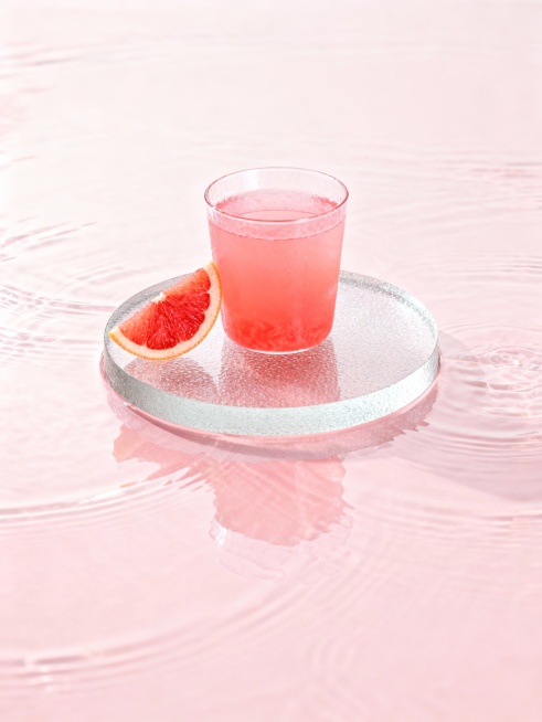 生成一个简约清新的水果茶展示背景，水面之上中央有磨砂玻璃圆形底座，果茶在底座之上，搭配一个新鲜的水果作为展示，水果要配合果茶的口味而变化；清新的颜色，给人一种新鲜水果的感觉，分别生成适合百香果果茶，白预览效果