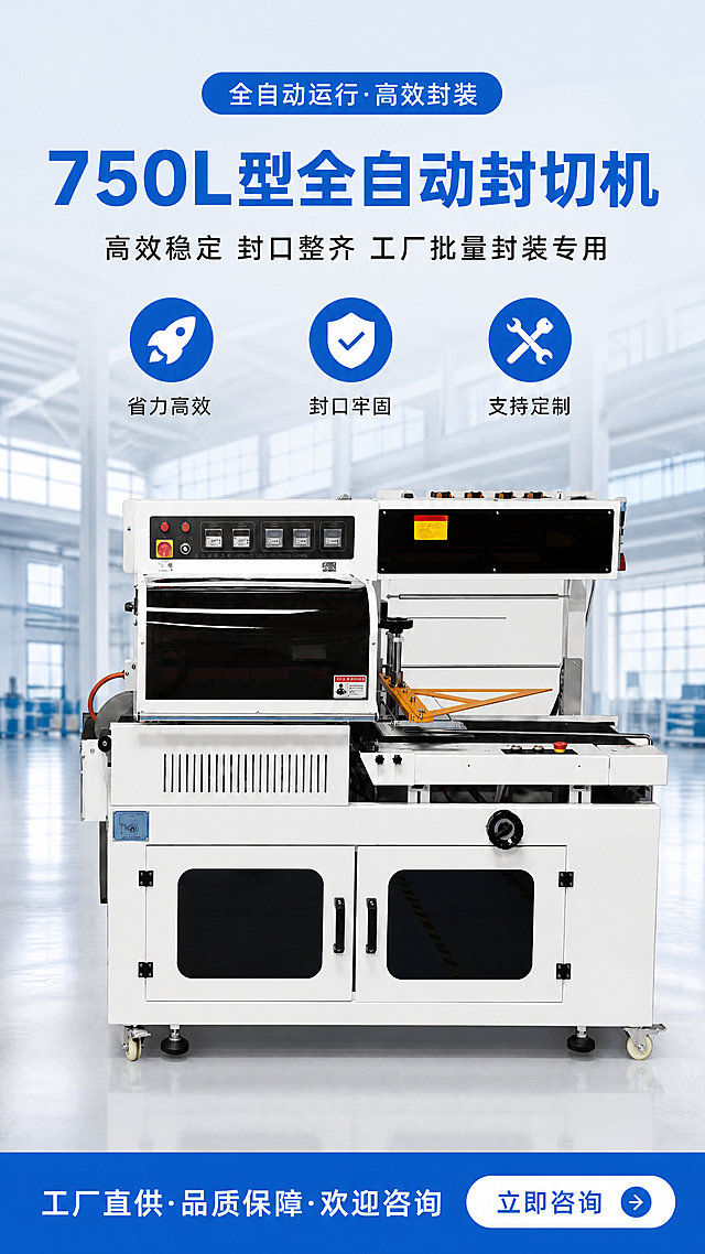 [第1屏] 详情页头图-750L型全自动封切机宣传主图。
[氛围/风格] 工业科技风，明亮干净的工厂背景，专业商务质感，现代简约设计。
[元素布局] 750L型全自动封切机放置在画面中下部，占据画面60%-70%主体位置。保持产品的白色机身、黑色控制面板、透明观察窗、橙色送膜机构、带滚轮底座的物理结构、尺寸比例、材质质感、颜色完全与【图1】一致。背景为明亮干净的现代化工厂车间，地面为浅灰色反光地坪，远处有模糊的厂房立柱和窗户，营造专业工业氛围。画面顶部预留标题区域，底部预留信息栏和咨询按钮区域，整体构图饱满不拥挤。
[光影质感] 主光源从正面左上方打来，均匀照亮整机产品，突出机身金属质感和控制面板细节，机器下方形成自然柔和阴影，整体光影层次分明，产品清晰通透。
[配色色系] 全局底色：#f0f4f8（浅灰蓝）；主体配色：#ffffff（机身白）+#1a1a1a（控制面板黑）+#f5a623（送膜机构橙）；辅助色：#1967d2（品牌蓝）+#ffffff（文字白）+#212121（文字黑）。
[视角构图] 正面平视视角，景深适中，机器位于画面中轴线，顶部和底部预留文案区域，从上到下阅读动线清晰。
[文字版式] 顶部蓝色圆角标签写"全自动运行·高效封装"，下方主标题为"750L型全自动封切机"蓝色大字，副标题为"高效稳定 封口整齐 工厂批量封装专用"黑色小字。三个卖点分别带蓝色圆形图标：第一个火箭图标配文字"省力高效"，第二个盾牌图标配文字"封口牢固"，第三个工具图标配文字"支持定制"。底部蓝色横条写"工厂直供·品质保障·欢迎咨询"，右下角白色圆角按钮写"立即咨询"带箭头图标。所有文字排版整齐，不遮挡机器主体，文字清晰可辨。
[比例分辨率] 9:16竖版比例，4K分辨率，文字清晰锐利。
[负向提示词] 产品结构变形，机器缺件，颜色偏差，控制面板文字错乱，背景杂乱，水印，文字模糊，构图失衡，产品轮廓变形。