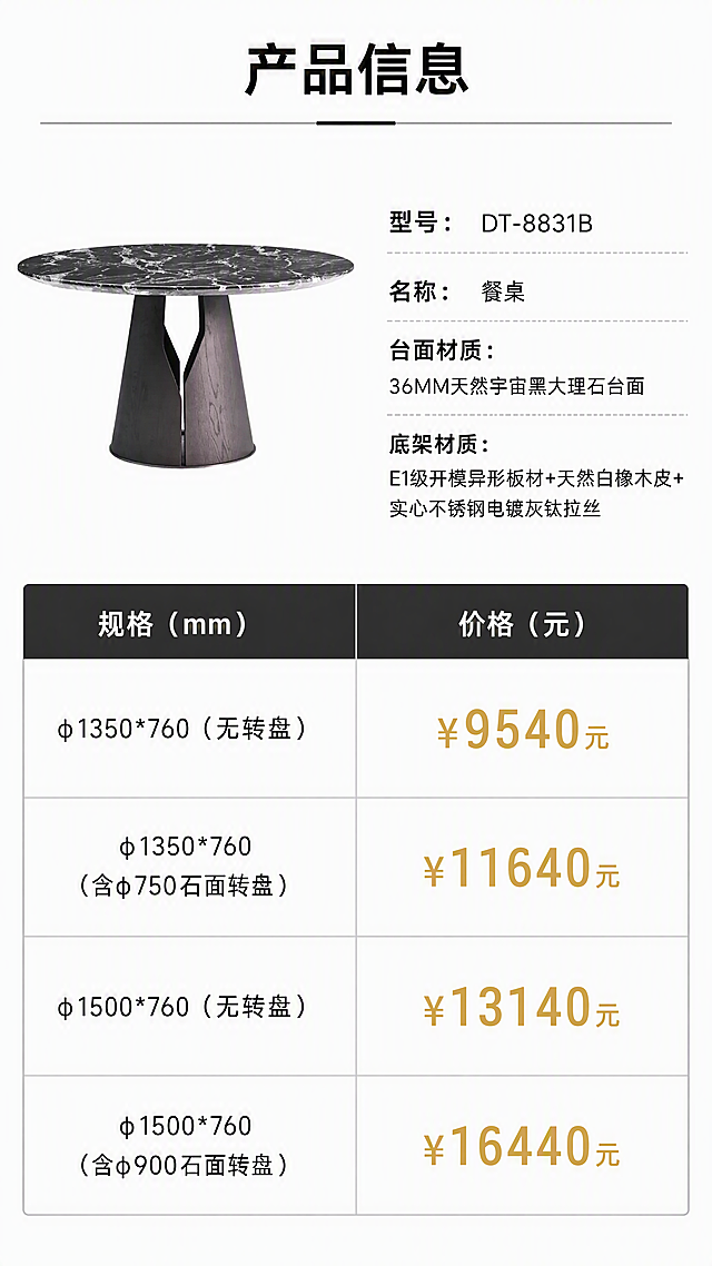 [第8张] 产品信息页-规格参数与价格明细表。本张使用【图1】作为商品主体小图展示。
[氛围/风格] 专业严谨的参数页风格，明亮干净，信息清晰，白底简约，专业可信。
[元素布局] 画面上半部分左侧为餐桌正面小图，占比约30%，右侧为产品基本信息；下半部分为详细规格参数表和价格对照表；背景为纯白色底，简洁干净；餐桌产品结构、材质、颜色与输入图一致。
[光影质感] 均匀柔和的产品光，产品清晰，白底干净无杂色，文字清晰锐利。
[配色色系] 全局底色纯白色#FFFFFF；主色为黑色文字；辅助色为深灰、浅灰表格线；点缀色为金色价格数字。
[视角构图] 上下分区布局，上产品信息下参数表格，阅读动线从上到下。
[文字版式] 版式为上产品信息+下参数表。顶部标题「产品信息」；基本信息区包含：型号「DT-8831B」、名称「餐桌」、台面材质「36MM天然宇宙黑大理石台面」、底架材质「E1级开模异形板材+天然白橡木皮+实心不锈钢电镀灰钛拉丝」；下半部分为规格价格对照表，四行两列：1. φ1350*760（无转盘） ¥9540元；2. φ1350*760（含φ750石面转盘） ¥11640元；3. φ1500*760（无转盘） ¥13140元；4. φ1500*760（含φ900石面转盘） ¥16440元；表格清晰，字体为现代黑体，参数文字大小适中易读。
[比例分辨率] 9:16竖版比例，4K分辨率，文字清晰可辨，高清画质。
[负向提示词] 产品变形，参数错误，价格错误，文字错乱，文字过小，水印，表格模糊，背景杂乱。