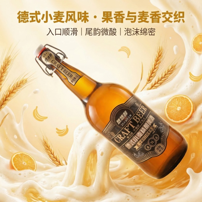 [垫图] https://dify-grsai.dancf.com/images/4d35384fe20c41a290aac5eef51ddba1.png
悠悠醇德式小麦精酿啤酒口感风味淘宝主图，清爽预览效果