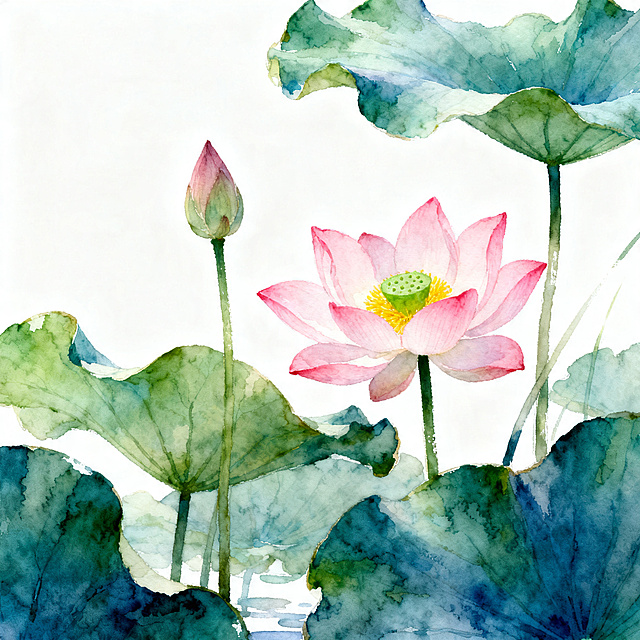 水彩风格的夏日池塘自然景观插画，一朵盛开的粉色荷花位于画面中央偏右位置，花瓣边缘呈柔和的粉色渐变，花蕊为黄色点缀绿色莲蓬，左侧有一朵含苞待放的荷花花苞，几片宽大的绿色荷叶分布在荷花周围，荷叶边缘微微卷起，叶面呈现深浅不一的蓝绿色调并带有自然的纹理笔触，整体构图简洁空灵，画面留白占比约50%，背景为纯净的白色，营造出清新淡雅、宁静致远的氛围，光影柔和，色彩过渡自然，具有水彩画特有的透明晕染质感和细腻笔触