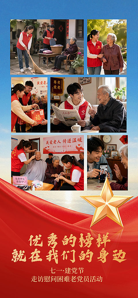 七一建党节走访慰问困难老党员榜样活动全屏竖版海报