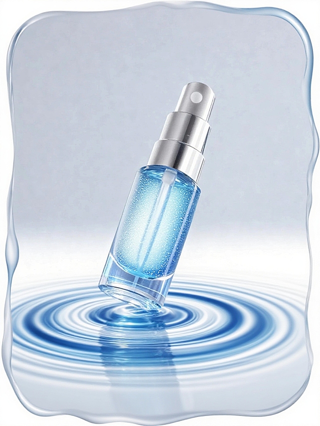 周边是s型液态玻璃，蓝色白色渐变玻璃，玻璃上有微微闪动的粒子，液体呈现出自然的螺旋涟漪效果，营造出柔滑、细腻的质感