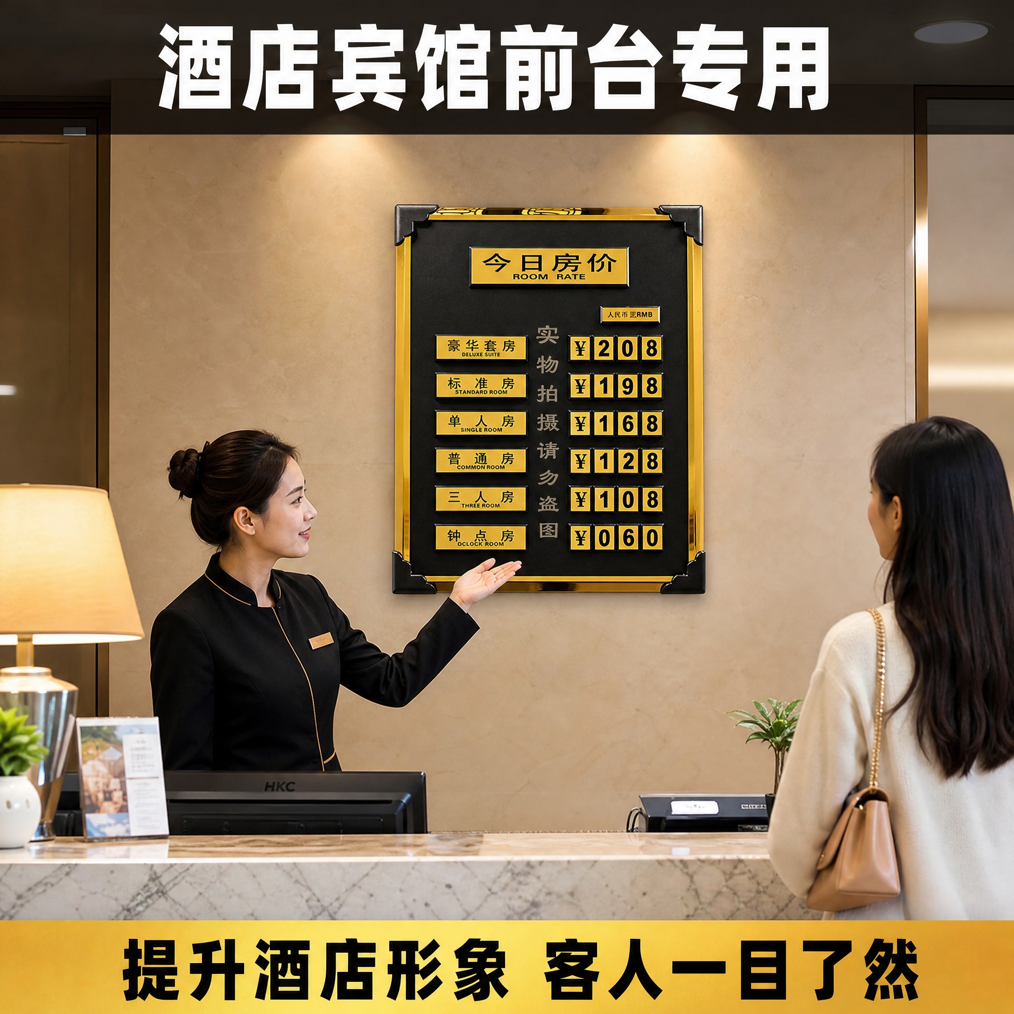 [主图-4] 场景使用图 展示房价牌在酒店前台挂墙使用的真实场… - 图片创意预览