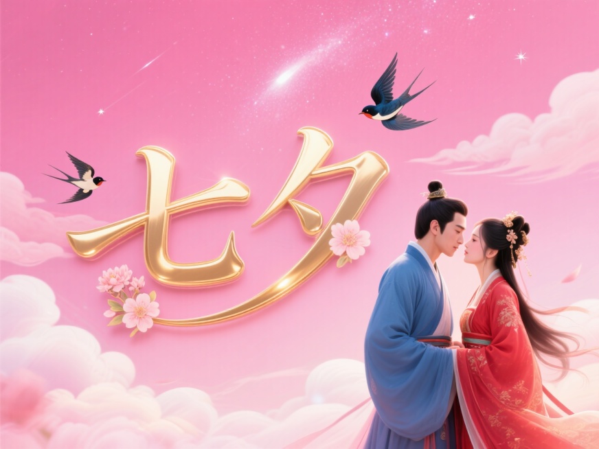 横向金色文字"七夕"。创意字体设计点缀两只喜鹊、花朵元素，线条流畅，高级感，粉色背景，高纯度配色。中国古代传统风格，古风情侣身着飘逸古装，深情对视，男子身穿蓝衣，女子身穿红衣。背景是银河，云朵，喜鹊在预览效果