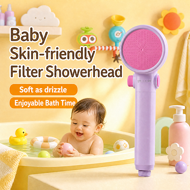 Add a cute baby bathing in the bathtub on the basis of image1, keep the original showerhead on the right, all text content, text position, background decorations, product appearance all 100% unchanged. The baby is naturally sitting in the bathtub water, playing with the existing toys, the style matches the warm macaron color matching of the original image, the light is soft and consistent, do not block the text and the showerhead. Maintain 1:1 square proportion, keep clear commercial photography quality.