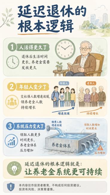 生成一张金融行业每日常态化理性投教图解海报，主题是讲解延迟退休与养老金体系的关系，面向通用人群，物料类型：图解海报，标题："延迟退休的根本逻辑"，视觉流派：手绘插画，9:16竖版，画面结构：顶部标题区预览效果