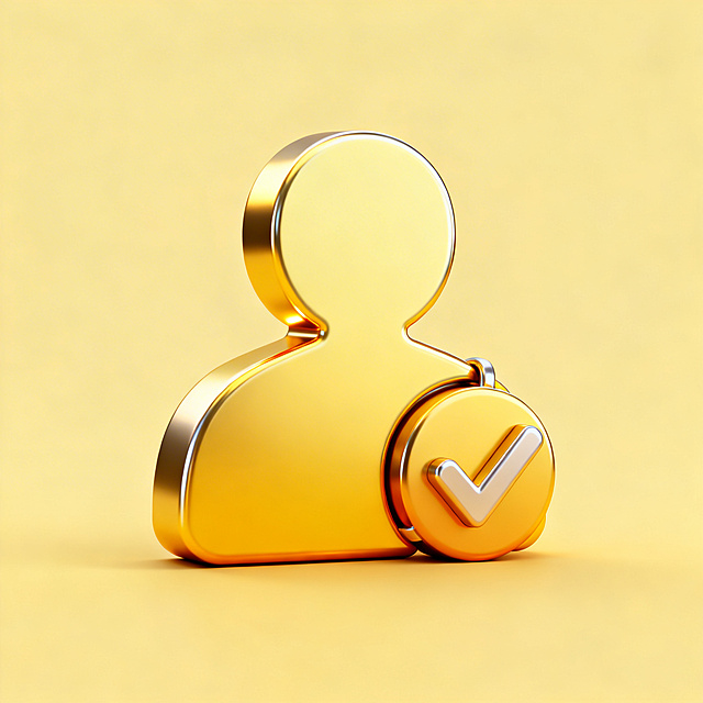鎏金风3D人形图标，金属质感十足，搭配银色对勾徽章，尽显奢华与科技感，商务风格突出，象征身份认证与高端品质。