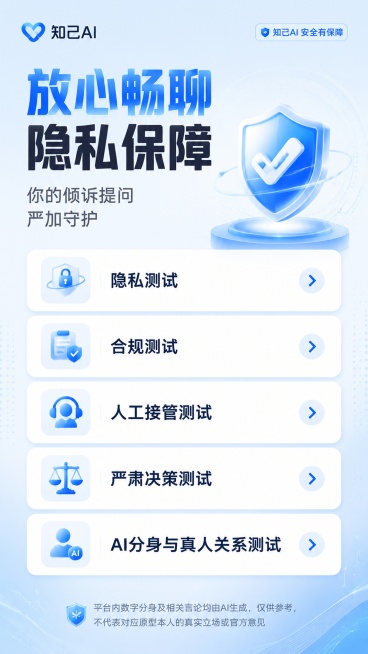 生成一张9:16的知己AI隐私安全保障宣传海报，延续明亮清透浅蓝白渐变科技风，和整套知己AI功能海报风格配色统一，采用和整套海报一致的标题样式：主标题上半行大字蓝色渐变，下半行黑色大字，副标题灰色小三预览效果