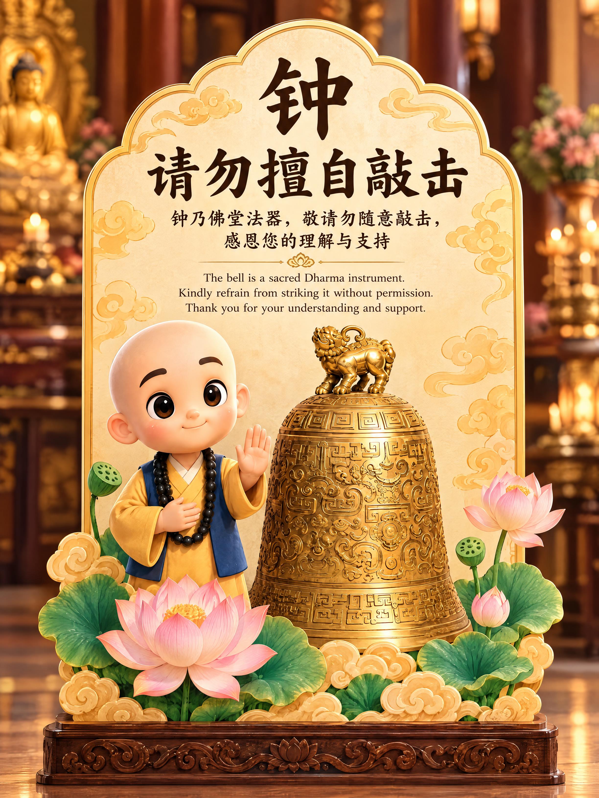 佛堂温馨提示站立牌设计，拱形立牌造型，米黄色做旧纹理牌面，金色… - 图片创意预览
