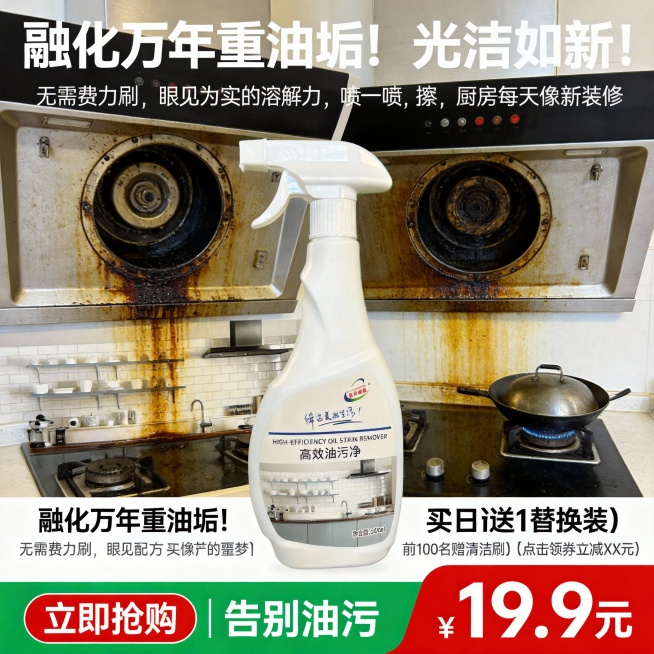 生成300张分别是100张抖音风格100张淘宝风格,100张拼多多风格不同场景的油污净电商主图，价格“19.9元”，比例1:1，文案内容:“融化”万年重油垢！无需费力刷，眼见为实的溶解力, 喷一喷，擦预览效果