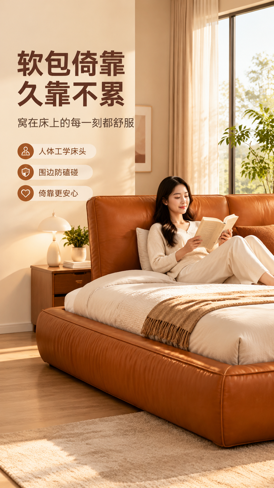 [商品] 使用【图1】橙棕色落地款围边软包床；保留床头软包造型… - 图片创意预览