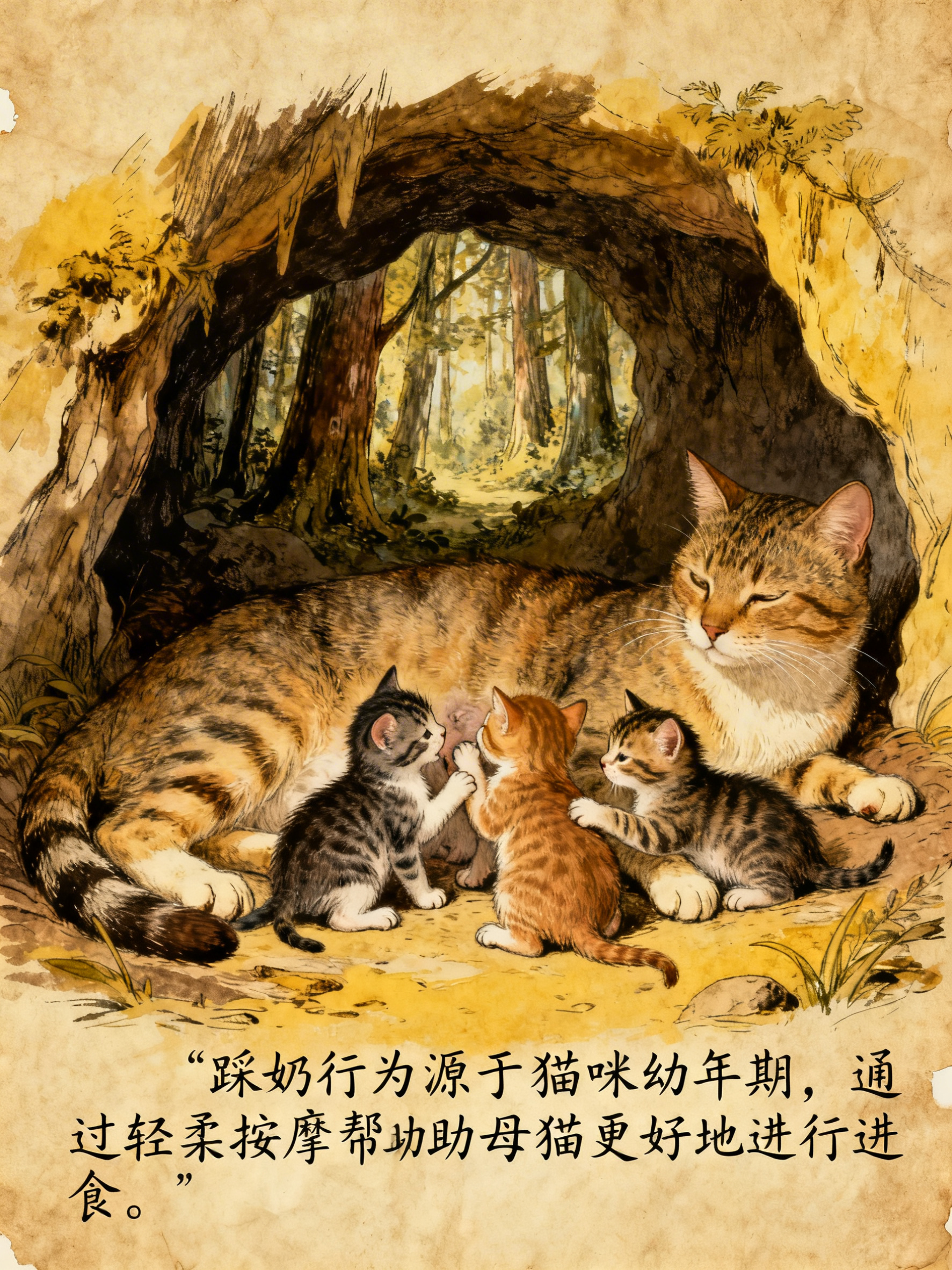在一个温馨的猫窝场景中，猫妈妈侧卧着，几只小猫正围在妈妈身边欢… - 图片创意预览