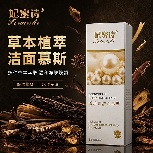 [主图-1] 首图品牌调性，突出草本植萃洁面慕斯的中药草本质感与高级品质感。
[统一基调] 整体风格为中式草本中药质感，背景主色为深褐偏黑的中药草本色调，搭配暗金色点缀与米白辅助色；标题字色为暗金色，辅助字色为米白色；字体为干净的非衬线体，字号层级分明；卡片与图标采用细线描边+暗金色调，整体传递专业、天然、草本中药的品质感。
[画面] 产品包装盒（妃蜜诗雪珍珠洁面慕斯白色长方盒，金色字体与珍珠图案）居中偏右放置，占画面约55%，正面微侧45度视角，盒体完整不切割。产品左侧及周围散落多种晒干后的深褐偏黑色草本植物原料，包括干枯草本茎秆、深褐色芦根、黑色干草药束、深棕色干花等，呈自然散落状态，部分草本原料悬浮于产品周围，营造草本萃取的源头氛围。背景为深褐至黑色渐变的中药草本质感背景，带有细微的草本纹理与柔和光晕，底部有淡淡的倒影。左上角放置妃蜜诗品牌Logo（金色字体）。
[光影质感] 商业摄影质感，柔光箱布光，主光从左上方打来，产品正面明亮，侧面有自然阴影，盒体表面有细腻的金色反光，草本干料纹理清晰，整体光影柔和高级，产品底部有真实接触阴影。
[配色] 主色调为深褐偏黑的中药草本色，点缀暗金色与米白色，产品本身的白色包装盒作为画面亮部提亮，整体色调统一沉稳，传递草本中药的天然专业感。
[文字版式] 主标题位于画面右上方，大号暗金色非衬线体粗体，文字为"草本植萃洁面慕斯"；副标题在主标题下方，中号米白色，文字为"多种草本萃取 温和净肤焕颜"；下方两行小字卖点："保湿焕颜"、"水漾莹润"，用细暗金色横线分隔。所有文字清晰可读，不遮挡产品主体。
[输出要求] 比例1:1，文字清晰无错字，产品清晰不变形，画面干净高级，无杂乱元素，无水印，无平台Logo，无生产厂家信息，无极限词。