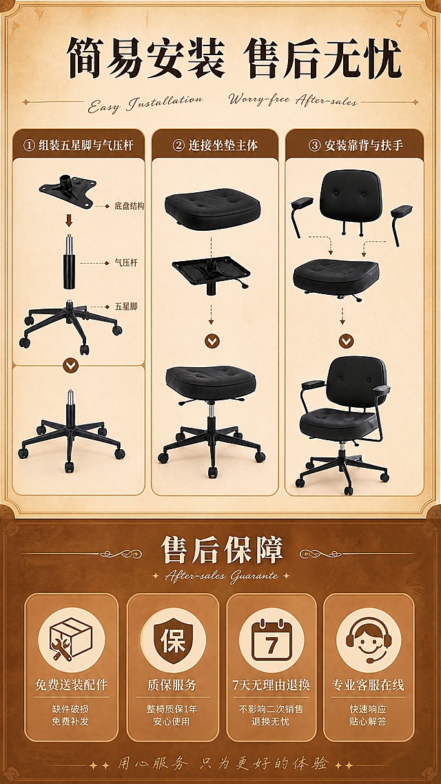 [商品] 使用【图4】黑色款椅子底部结构；保留五星脚、气压杆、万向轮和底盘结构；展示安装部件。
[画面] 目标：安装与售后说明。上下分栏，上半部分为安装步骤示意：STEP①安装五星脚和气压杆，STEP②安装坐垫主体，STEP③安装靠背和扶手。每步配小图和简笔箭头。下半部分为售后保障说明。背景为浅暖棕渐变。
[视觉] 套系策略：风格=中古风复古暖调商业摄影；标题字=粗衬线宋体+复古手写英文点缀；正文字=简洁无衬线体；主色=焦糖棕；背景延展=基于焦糖棕做深浅层级、同色渐变和细腻木纹/皮革/纸纹质感；强调色=奶油米白，仅用于小面积图标、引线和标签；标题色=深棕黑；正文色=暖棕灰；组件=圆角棕底信息卡、细白线引线、复古装饰线；光影=均匀明亮布光，步骤清晰易读。
[文字] 顶部主标题"简易安装 售后无忧"。三步安装："① 组装五星脚与气压杆""② 连接坐垫主体""③ 安装靠背与扶手"。售后保障："免费送装配件""质保服务""7天无理由退换""专业客服在线"。
[规格] 图片比例9:16竖版，4K，避免变形、错字、文字过小、安装步骤混乱。