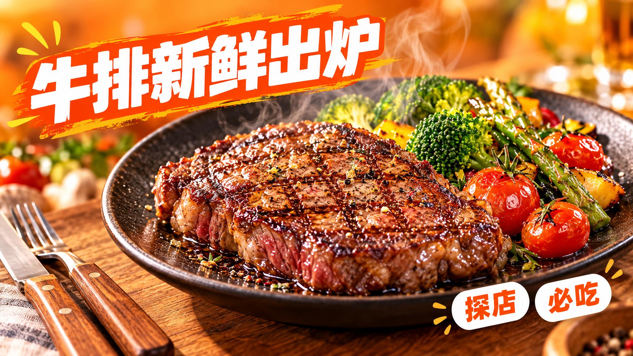 活力美食风格的牛排探店海报，暖橙色渐变背景，高饱和度色彩，背景… - 图片创意预览