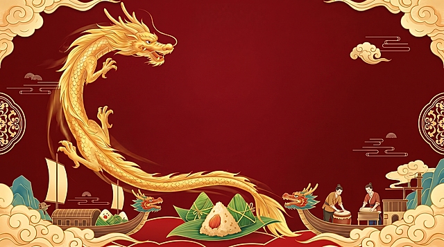 生成一张符合龙腾端午主题的红色背景底图，去除原画面上的文字"龙腾端午 · 匠心同盟"，保留国潮风格的金色祥龙、龙舟、粽子和祥云等端午元素，保持红色主色调，整体干净大气，可用于PPT背景
