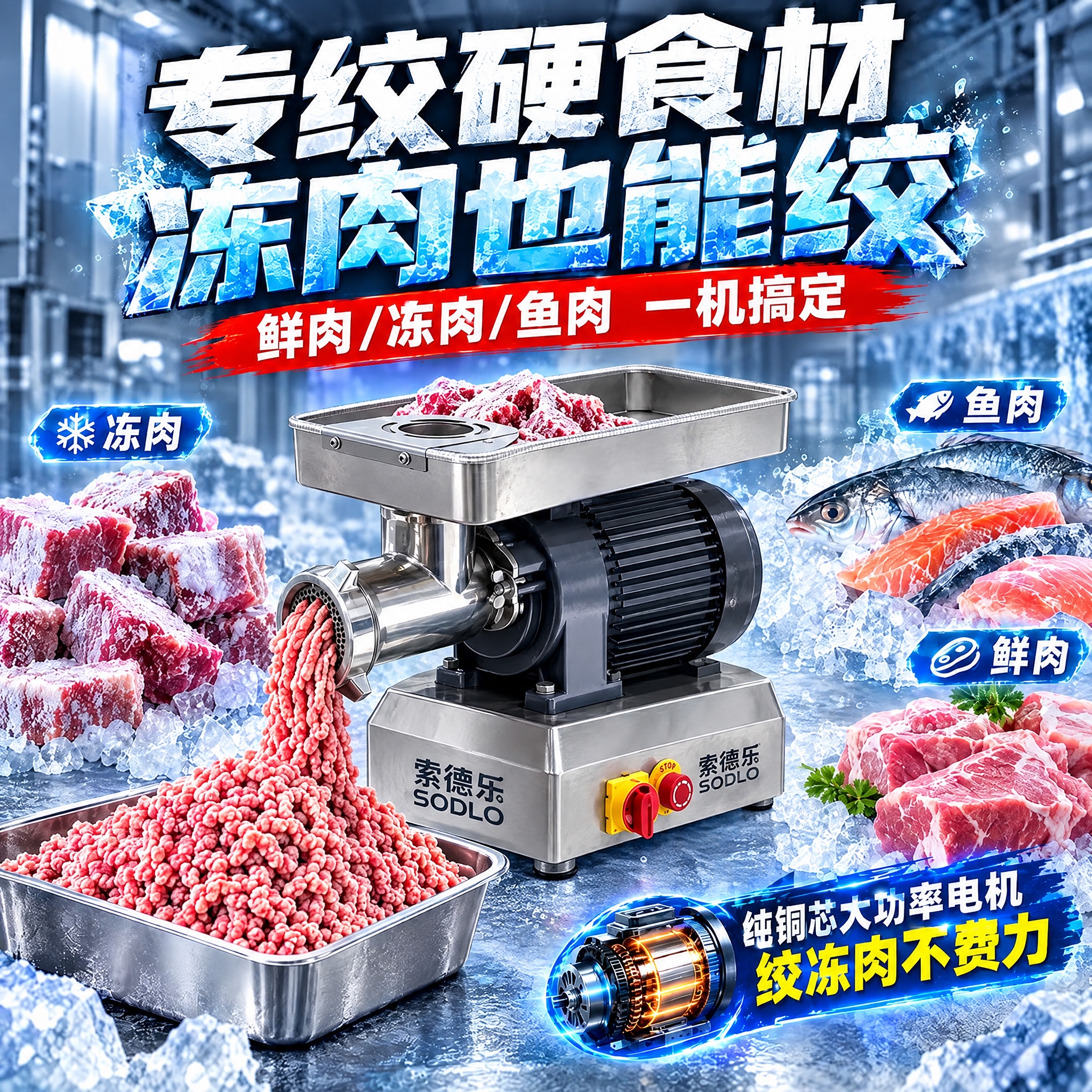 将图中的绞肉机替换为图2中的绞肉机款式（侧面视角，长条形进料托… - 图片创意预览